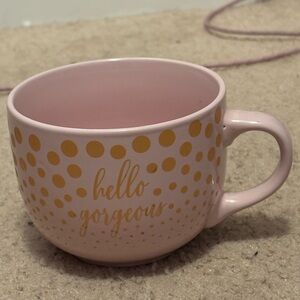NWOT pink and gold “hello gorgeous”” mug